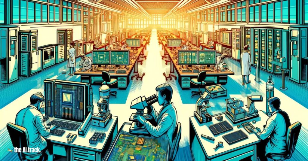 A high-tech laboratory setting with researchers working on chip design and testing - Image generated by AI for the AI Track