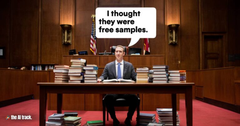 Meta's Alleged Use of Shadow Library for AI Training - Mark Zuckerberg in a courtroom surrounded by piles of books - Credit - Reve, The AI Track
