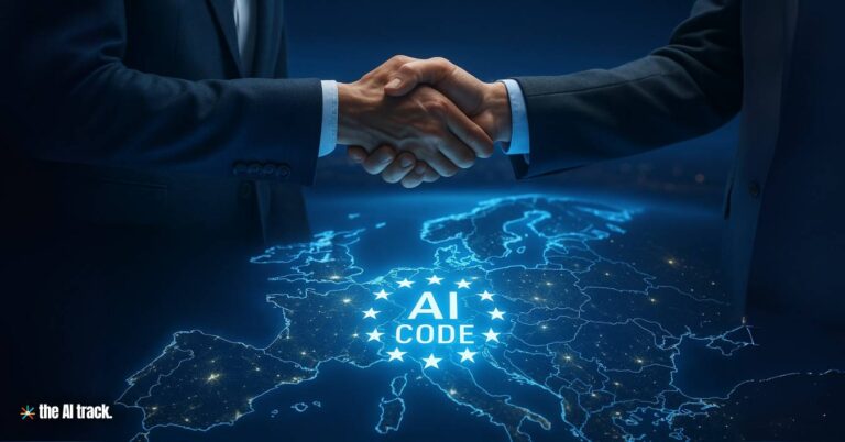 Businessmen Sealing Deal Over EU AI Code as Enforcement Begins - Credit - ChatGPT, The AI Track