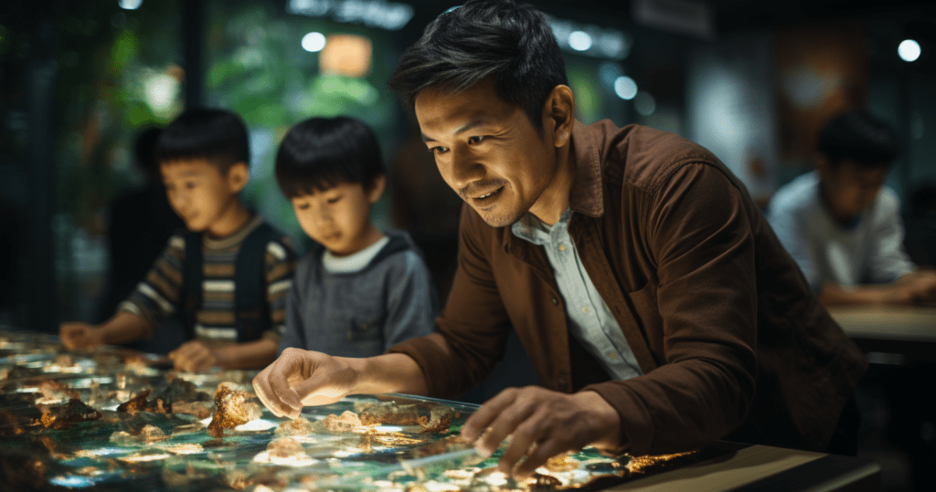 School Guidelines in Japan emphasize in using AI - A Teacher using AI material in classroom - Image generated by Midjourney for The AI Track