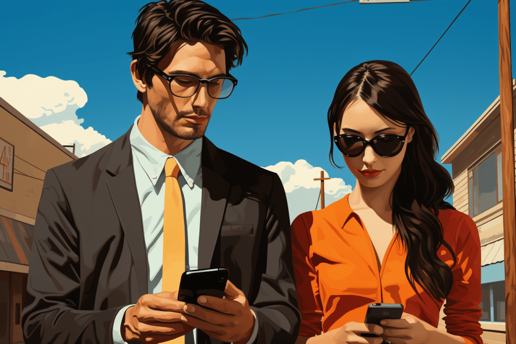 Two people looking at their mobiles on the street - Image generated by AI for The AI Track