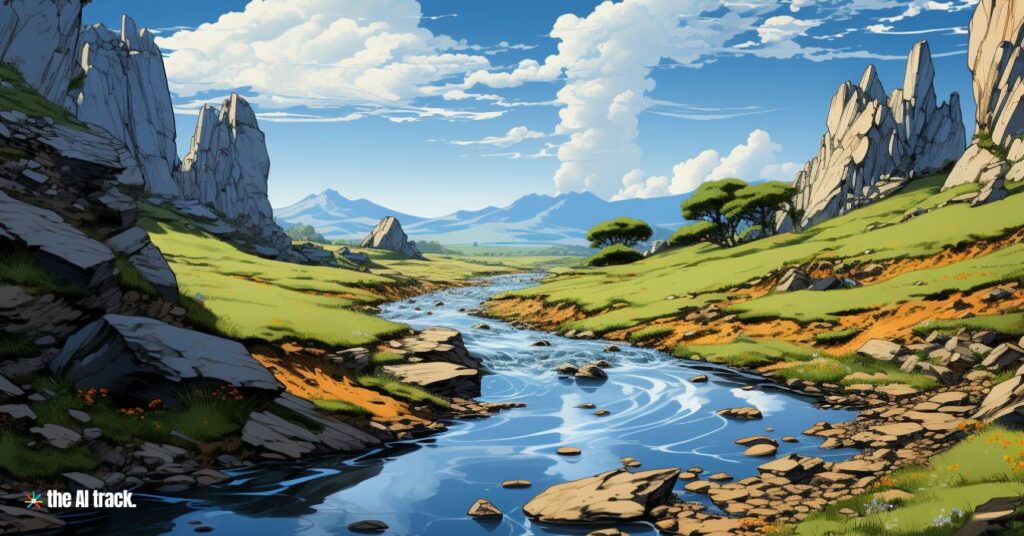 River and Mountains - Image generated by Midjourney for The AI Track