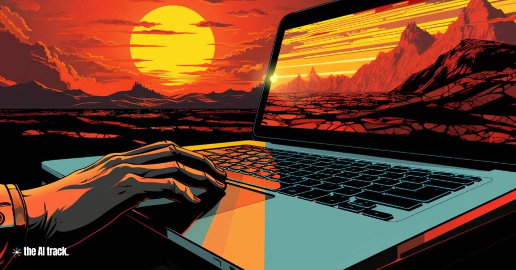 Working on a Laptop - Image generated by Midjourney for The AI Track