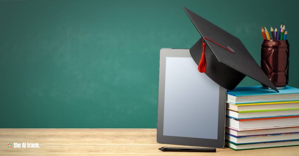 Free Online AI Courses - A tablet with a graduation cap on top of a stack of books -Image Credit Canva