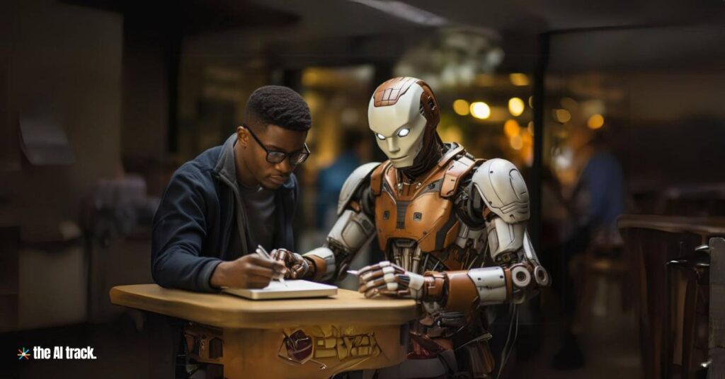 AI in Work -Man and Robot Working Together - Image generated by Midjourney for The AI Track