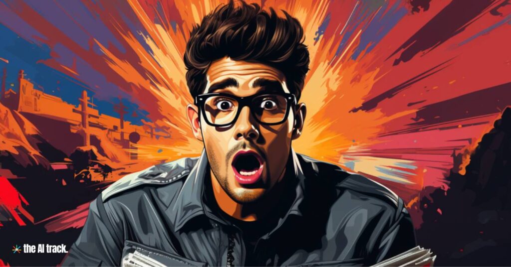 Best FREE AI Tools - A guy astonished - Image generated by Midjourney for The AI Track