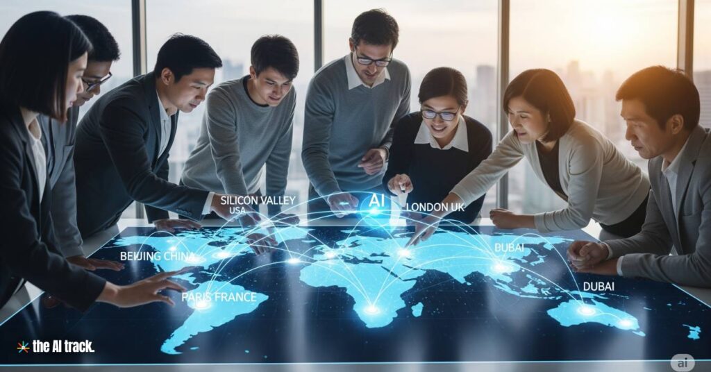 A group of people of different nationalities collaborating around a digital world map - Credit - Gemini, The AI Track