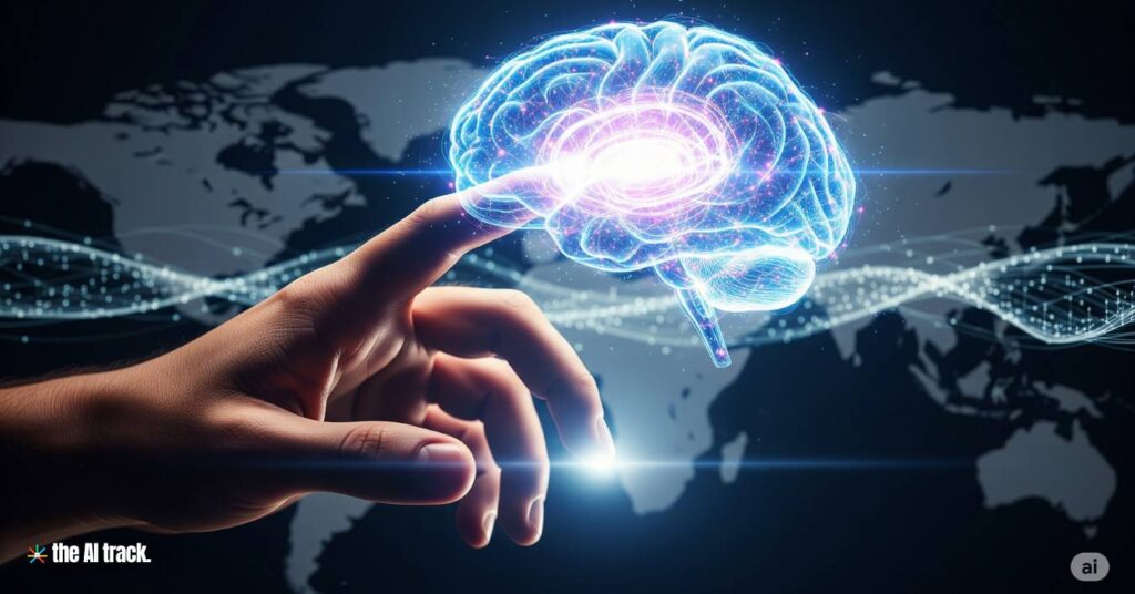 A hand reaching out to touch a holographic brain with glowing connections - Photo Generated by AI for The AI Track