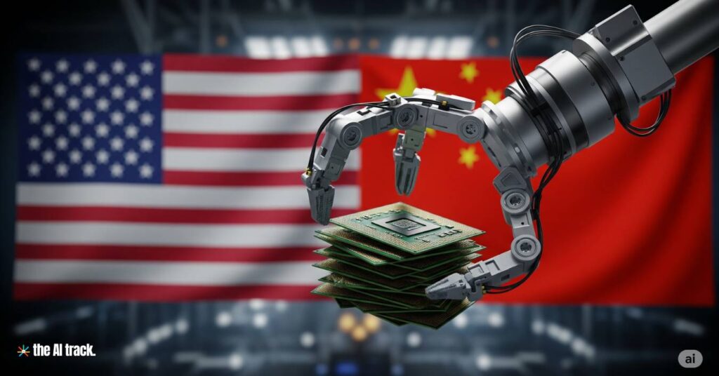 A robotic arm holding a stack of computer chips - Credit - Gemini, The AI Track