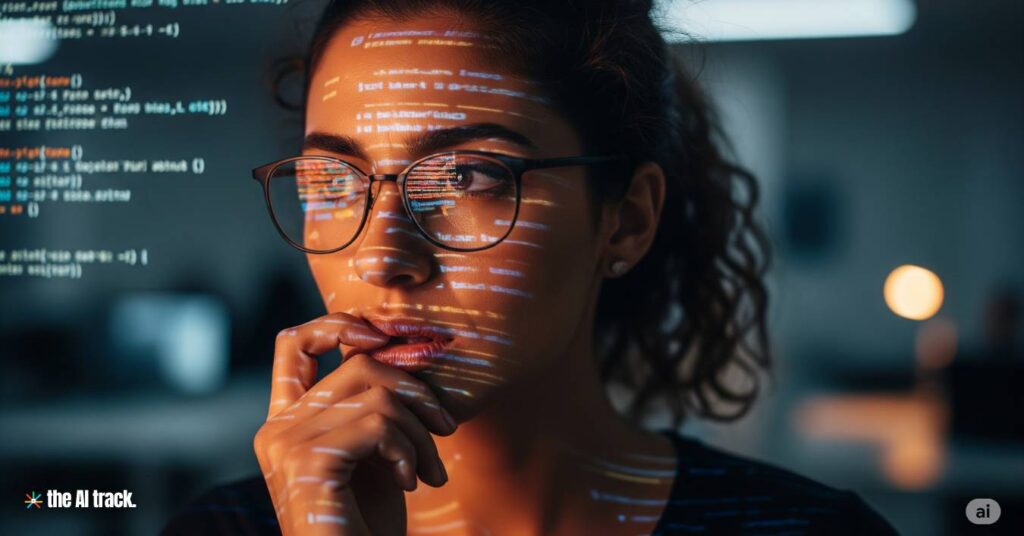 AI researcher with her face illuminated by lines of code - Credit - Gemini, The AI Track