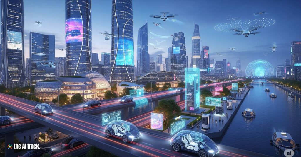 Futuristic cityscape with AI-powered drones, self-driving cars, and smart devices - Credit - Gemini, The AI Track