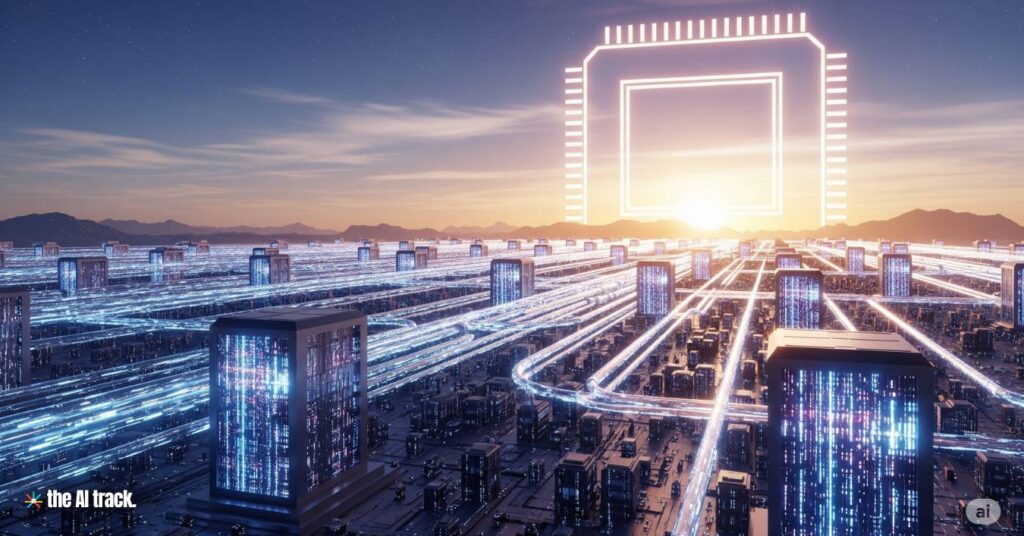 Futuristic landscape made of data centers and microchips - Credit - Gemini, The AI Track