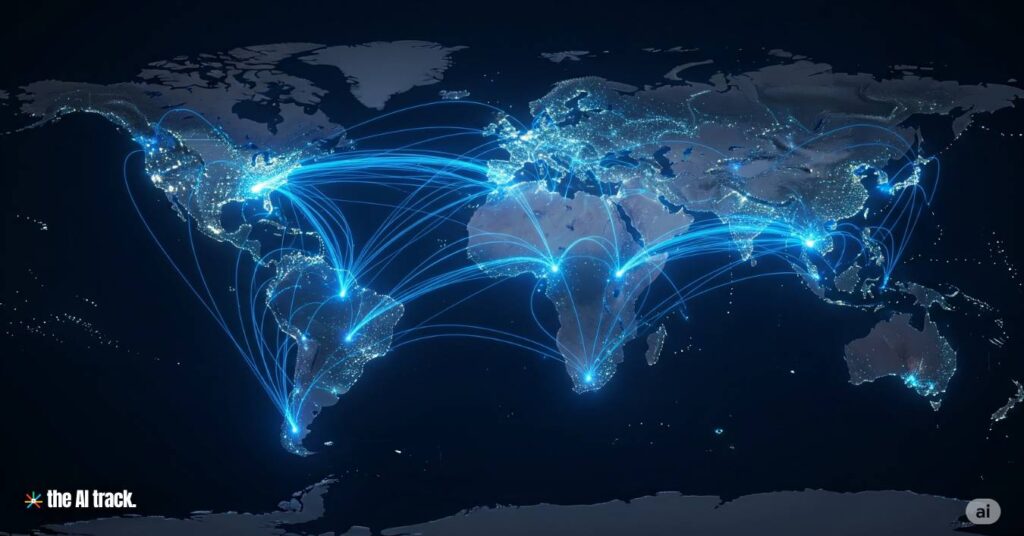Glowing lines connecting different continents symbolizing data flow - Credit - Gemini, The AI Track