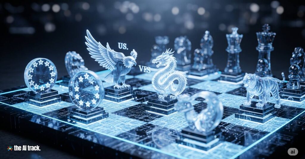 Holographic chessboard. The pieces represent nations - US Eagle, Chinese Dragon, EU Stars, Indian Tiger- Credit - Gemini, The AI Track
