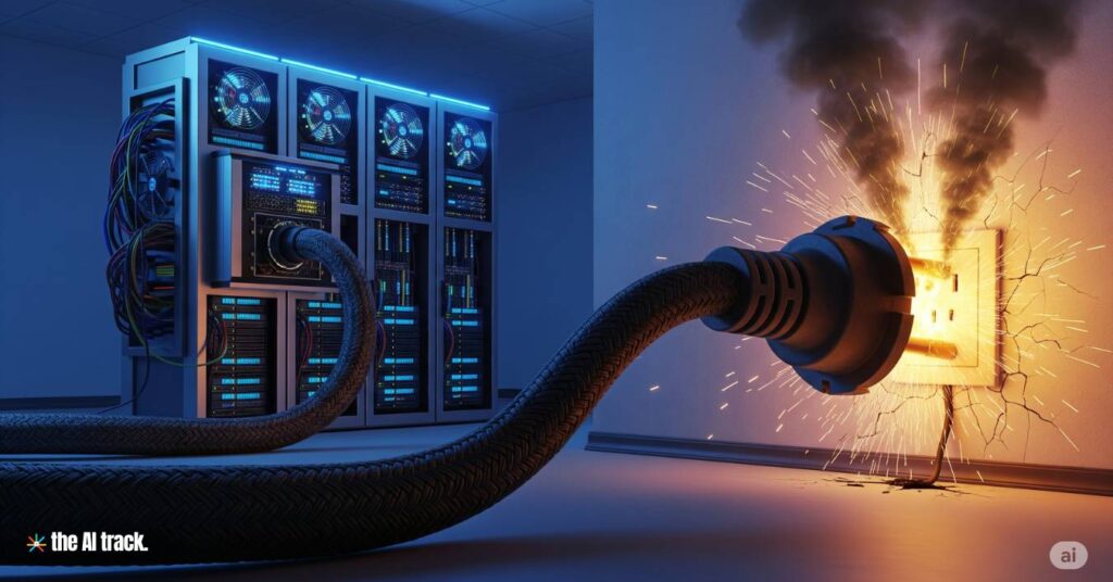 Supercomputer with its massive power cord leading to an overloaded electrical outlet - Credit - Gemini, The AI Track