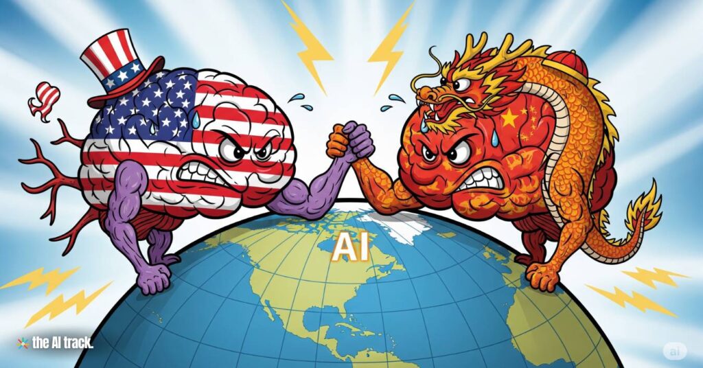 Two brains (one from the USA, another from China) arm-wrestling on a globe - Credit - Gemini, The AI Track