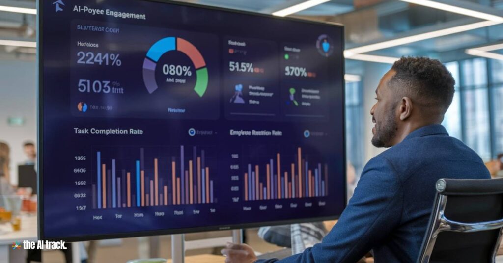 Impact of AI in Human Resources - Manager looking at AI-powered employee engagement and retention metrics - Photo Generated by AI for The AI Track