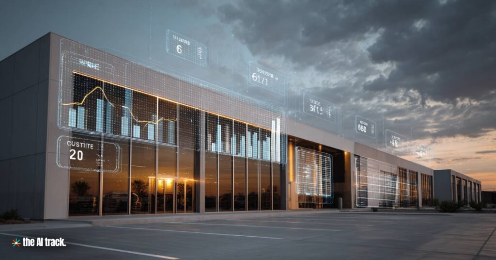 Data center exterior with overlayed power metrics (Credit - Midjourney, The AI Track)