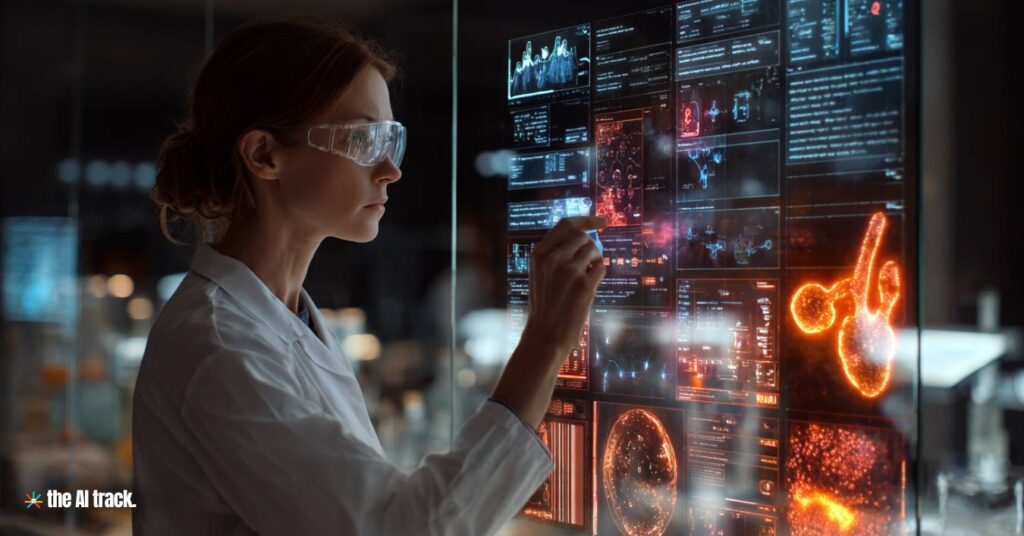 Researcher using an AI-assisted biomedical workflow board (Credit - Midjourney, The AI Track)