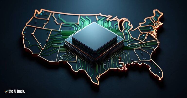 A microchip embedded into the shape of the U.S. map (Nvidia to Mass Produce AI Supercomputers in the U.S.) - Credit - Reve, The AI Track