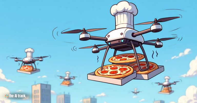 Papa Johns Enhances AI in Pizza Ordering - A delivery drone wearing flying pizzas to customers - Reve, The AI Track