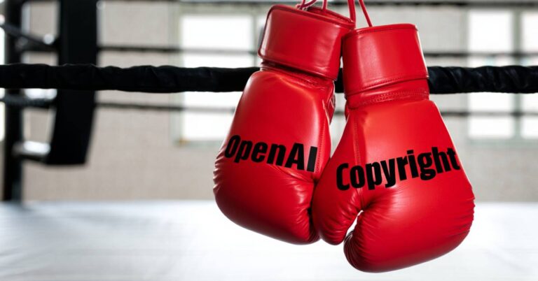 Two boxing gloves labeled OpenAI and Copyright - ChatGPT memorized copyrighted content - Credit - Reve, The AI Track