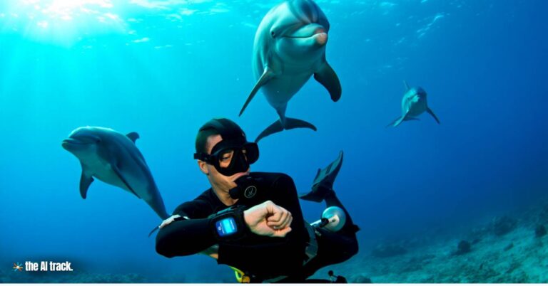 Underwater researcher surrounded by curious dolphins (Google Launches DolphinGemma AI to Decode Dolphin Language) - Credit - Reve, The AI Track