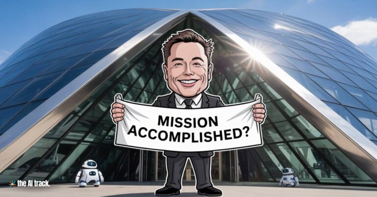 Elon Musk holding a Mission Accomplished sign outside OpenAI headquarters (OpenAI Abandons For-Profit Shift) - Credit - The AI Track made with ChatGPT