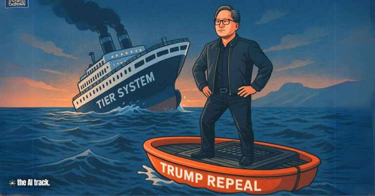 Jensen Huang sailing away from a sinking Tier System (Trump Administration to Scrap Chip Export Rules) Credit - ChatGPT, The AI Track