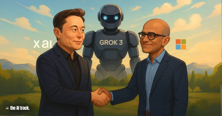Musk and Nadella shaking hands (Microsoft Integrates Grok 3) - Image Credit - ChatGPT, The AI Track