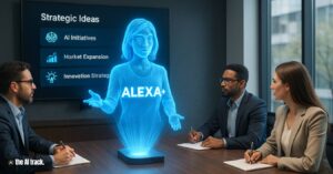 A corporate meeting room where a holographic Alexa (Amazon Workforce to Shrink) - Credit - ChatGPT, The AI Track