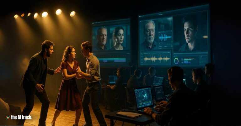 Dramatic Scene on Film Set (AI Actor Tilly Norwood Triggers Industry Backlash) - Image Credit - ChatGPT, The AI Track