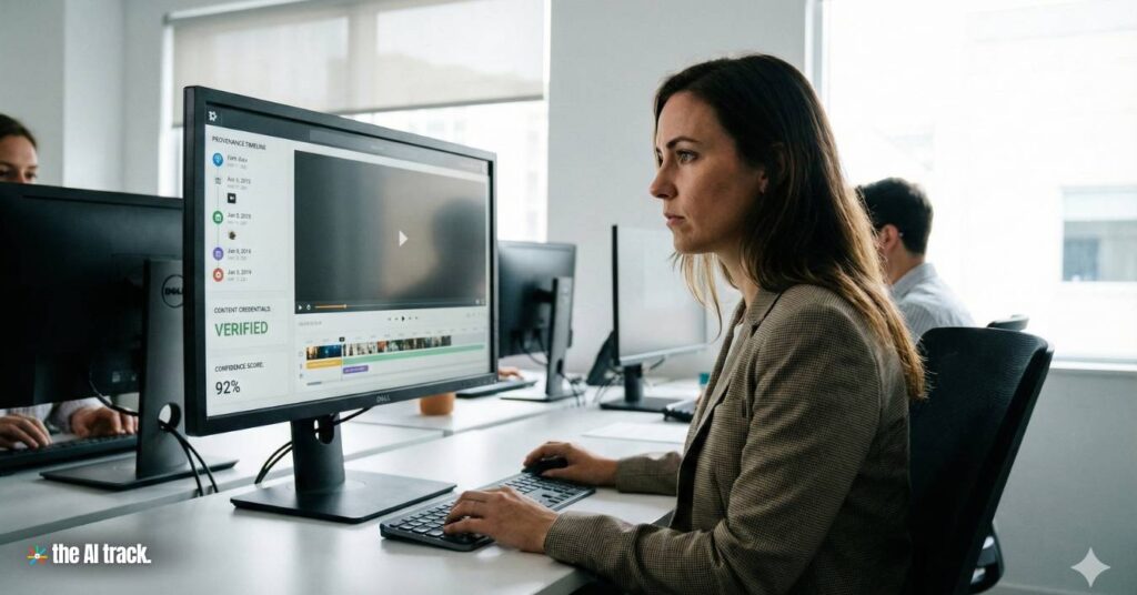 Analyst reviewing a video with authenticity indicators (Credit - Google, The AI Track)