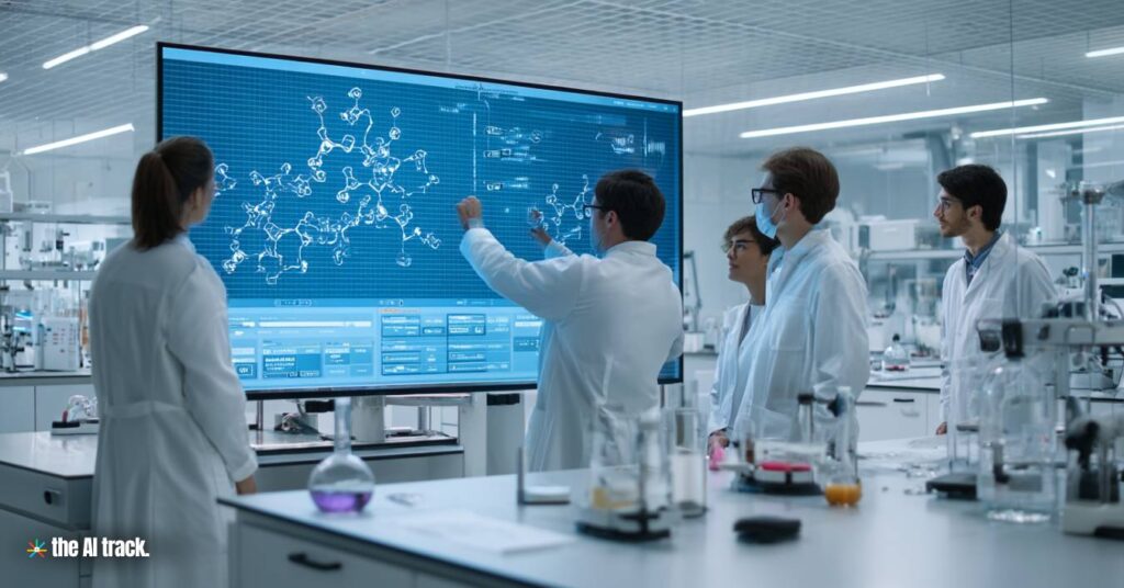 Biomedical lab team reviewing an AI-assisted experiment (Credit - Midjourney, The AI Track)