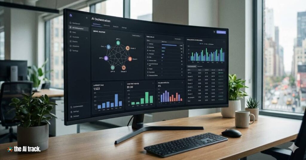Large monitor displaying an AI orchestration dashboard (Credit - Google, The AI Track)