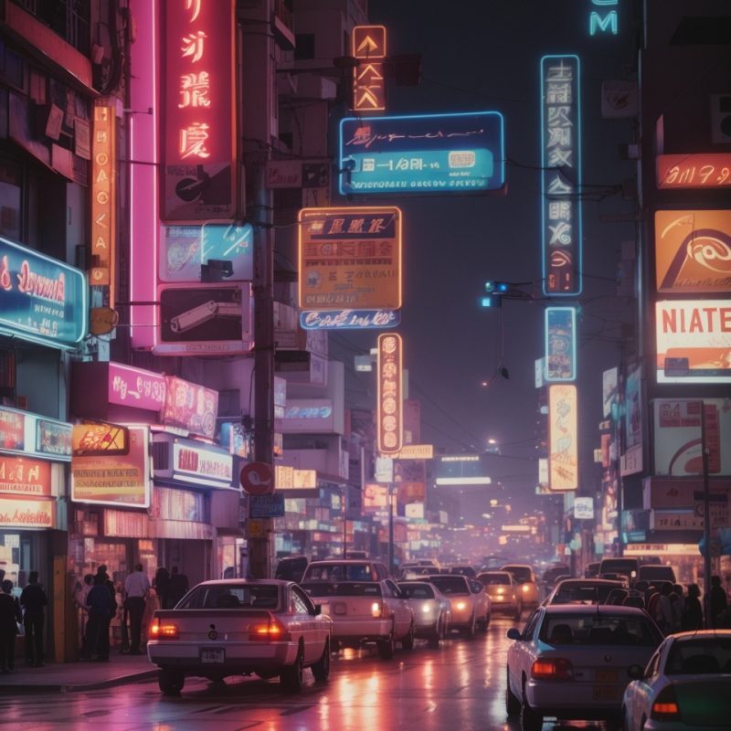 LEONARDO AI - Best Image Generator Crash Test - Photo of a busy city intersection at night with neon signs and many cars