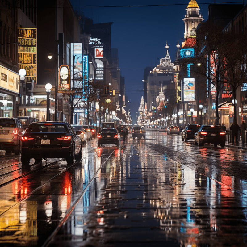 MIDJOURNEY - Best Image Generator Crash Test - Photo of a busy city intersection at night with neon signs and many cars