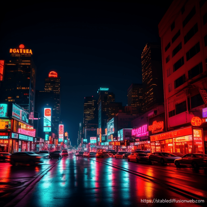 STABLE DIFFUSION - Best Image Generator Crash Test - Photo of a busy city intersection at night with neon signs and many cars